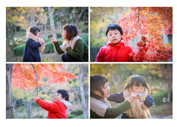 昭和の森公園（愛知県豊田市）で家族写真のロケーション撮影　秋ならでは紅葉をバックに　自然でオシャレ　フォトスタジオ・写真館とは違う！
