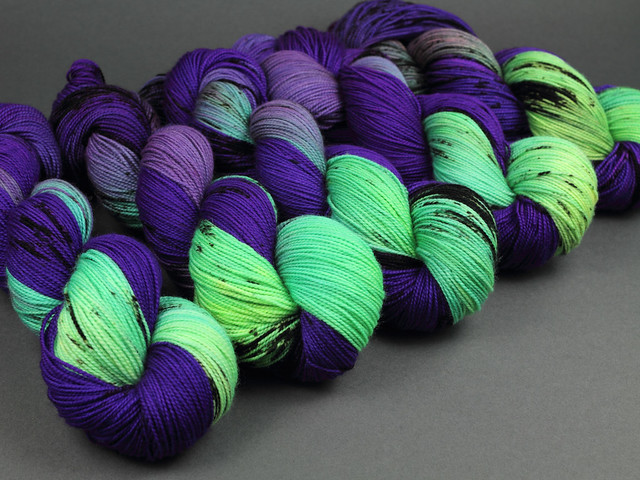 Favourite Sock – hand-dyed superwash merino wool yarn 4 ply/fingering 100g – ‘Badass’ (neon purple, green, black)