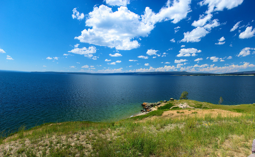 Yellowstone Lake at Mary Bay, Yellowstone National Park, Wyoming, August 4, 2010  (Composite image of 3 Pentax K10D photos using Autostitch)