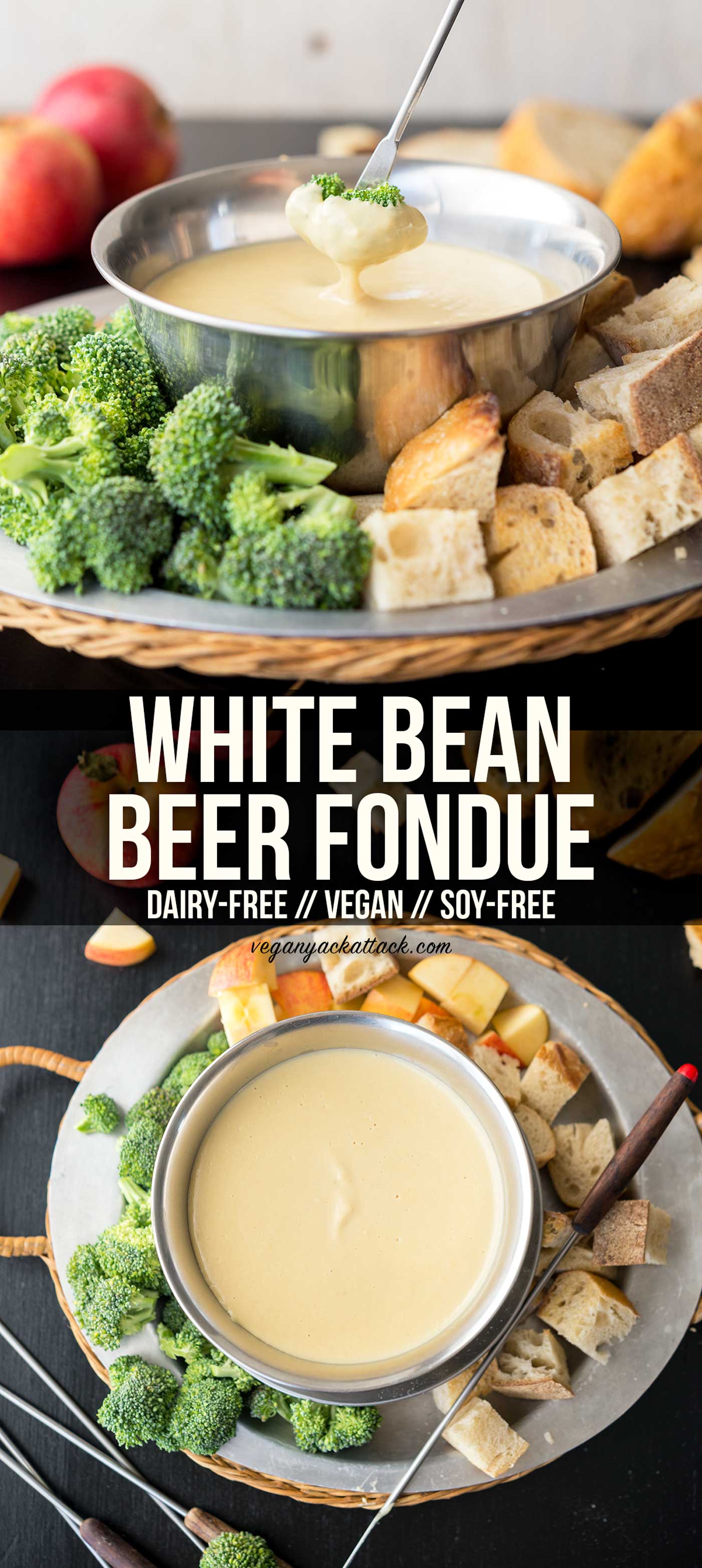 White bean beer fondue makes for a fun appetizer to be shared among friends, whether for a dinner party or a game night! This creamy, low-fat, fondue is a delicious crowd-pleaser, especially with its beer-tinged aroma. #veganbowlattack #vegan #soyfree #dairyfree #appetizer