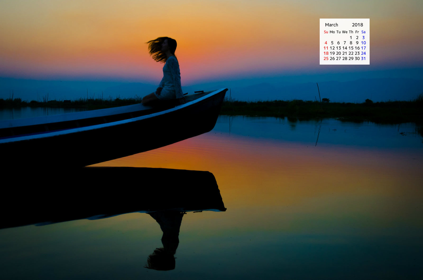 Free download March 2018 Calendar Wallpaper Women sunset boat Inle Lake Myanmar