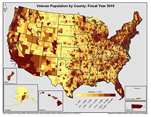 graphic map of veteran population by county in 2015