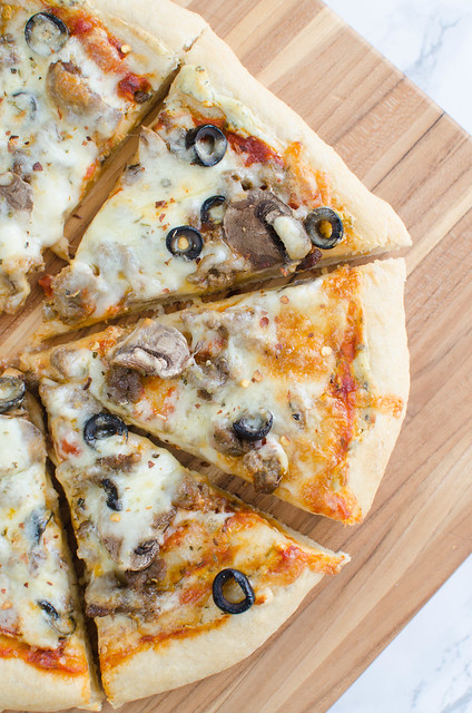 Pesto Sausage Pizza with Mushrooms and Olives