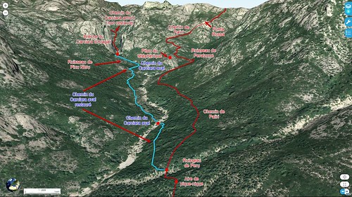 Photo 3D de la partie aval du Carciara avec le tracé de l'ancien chemin d'exploitation (HR21)