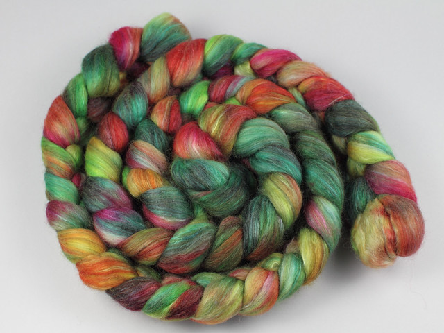 Lustre Blend fine British wool, merino, silk combed top/roving hand-dyed spinning fibre 120g ‘Rainforest’ (green, orange, pink)