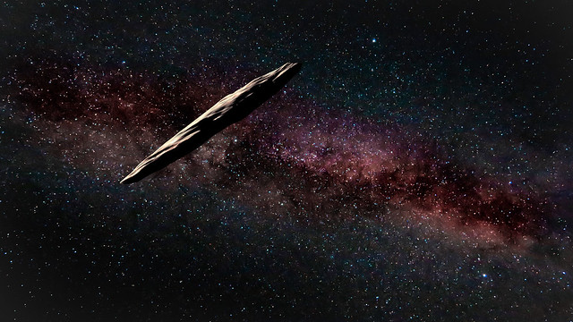 Az Oumuamua kisbolygó méréseken alapuló fantázaképe