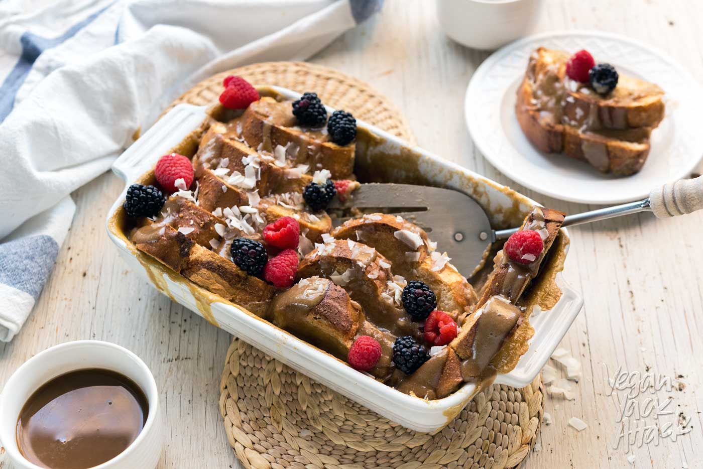 Salted Caramel French Toast Casserole? Yes, please! This decadent brunch staple is vegan, soy-free, and ridiculously delectable. Give it a try, you won't regret it!