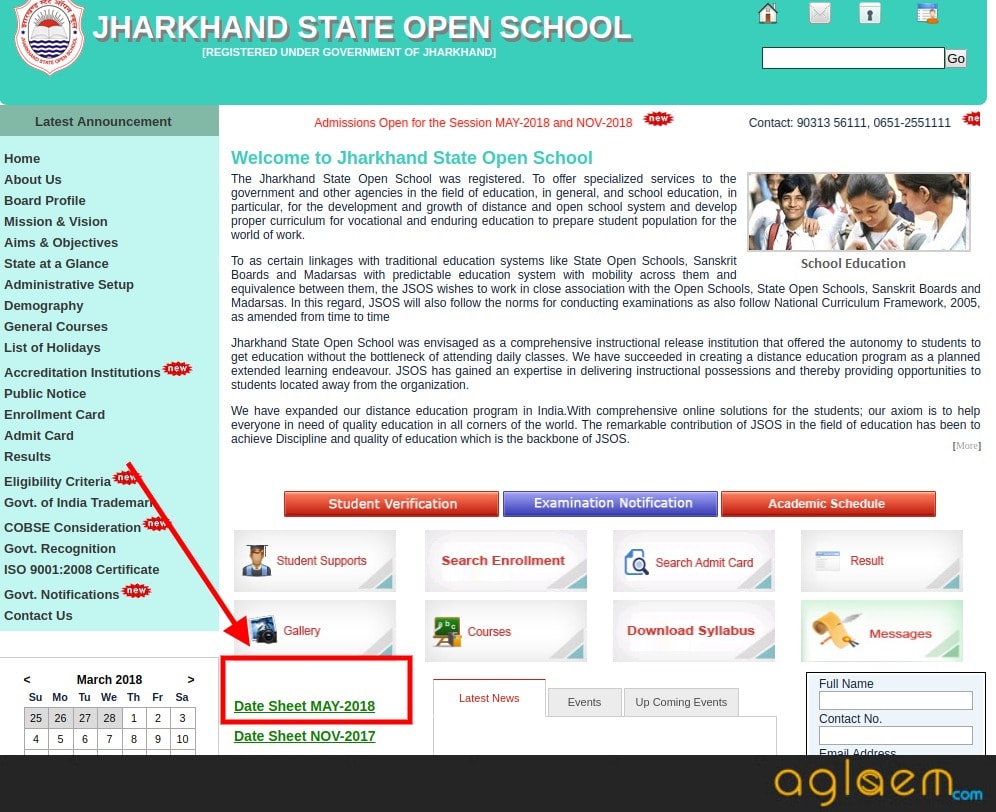 Jharkhand State Open School 10th (Secondary) Datesheet May 2018