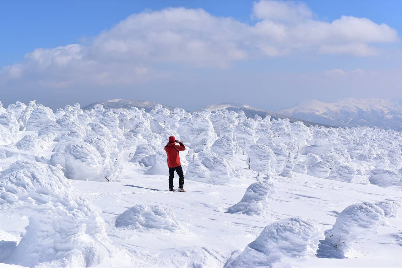 冬の西吾妻山山頂から眺める安達太良山と樹氷