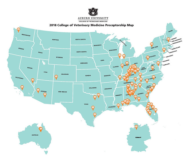 A map shows where members of the College of Veterinary Medicine Class are doing their preceptorships