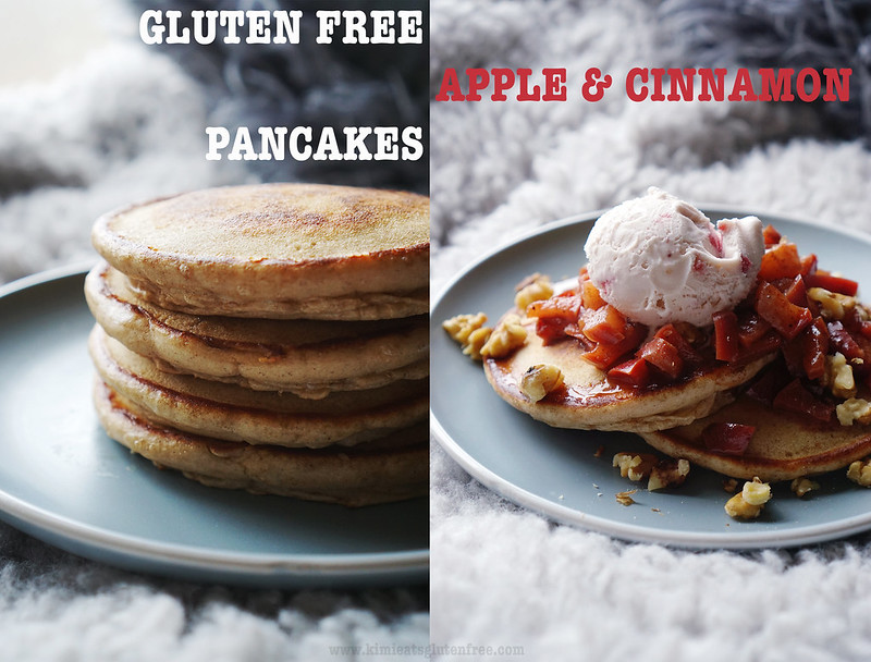 Super fluffy gluten free apple cinnamon pancakes + cooked apple topping, walnuts and Haagen-Dazs Strawberries and Cream ice cream | gluten free breakfast | gluten free brunch | gluten free recipes