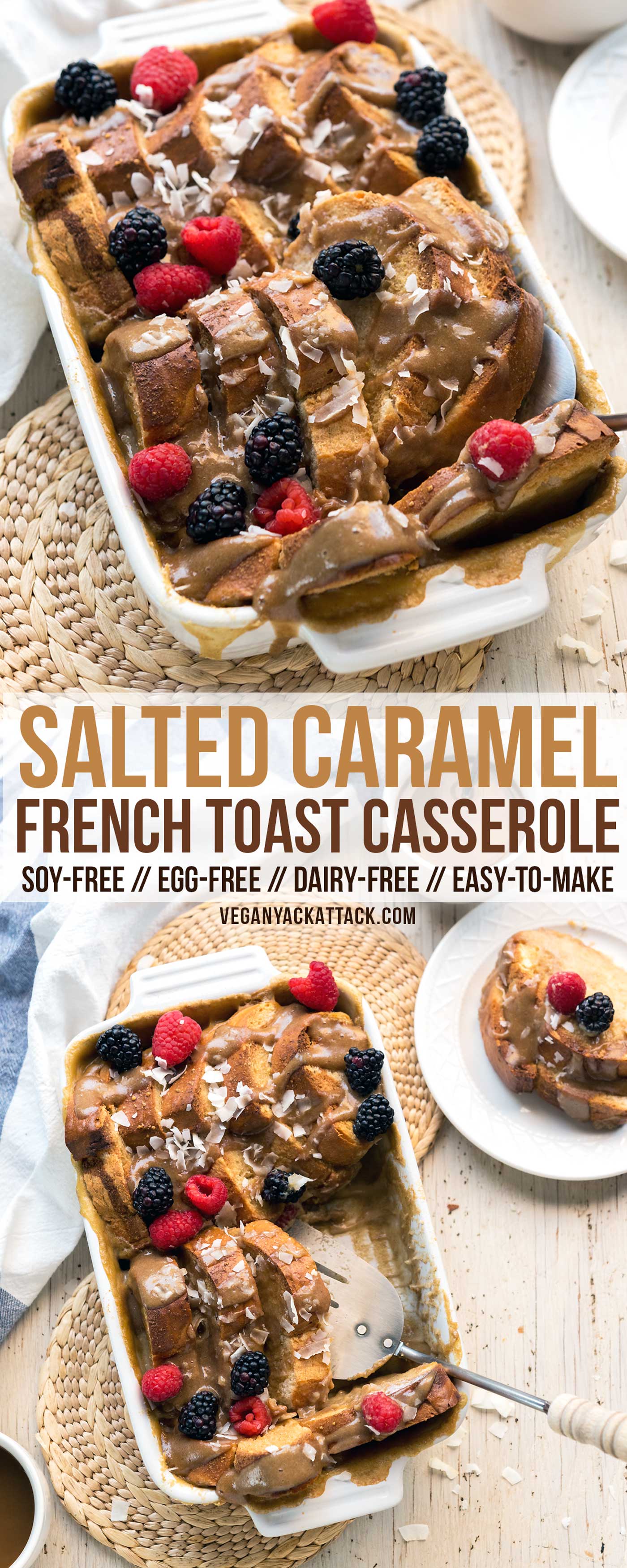 Salted Caramel French Toast Casserole? Yes, please! This decadent brunch staple is vegan, soy-free, and ridiculously delectable. Give it a try, you won't regret it!