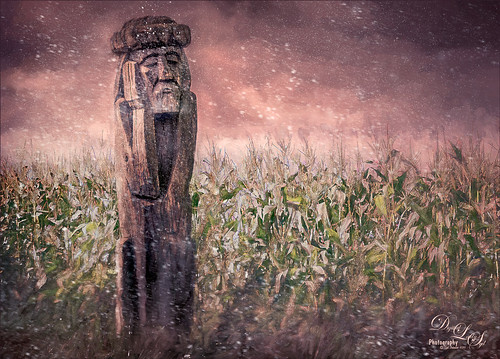 Image of a carved wooden post in the countryside of Belarus
