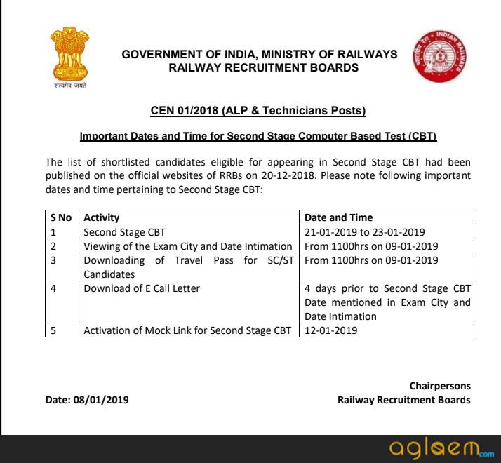 RRB Secunderabad Admit Card, Exam Date for ALP and Technician CBT 2