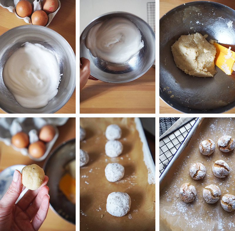 How to make amaretti biscuits: making the meringue, making the cookie dough, shaping it into balls and rolling them in icing sugar.