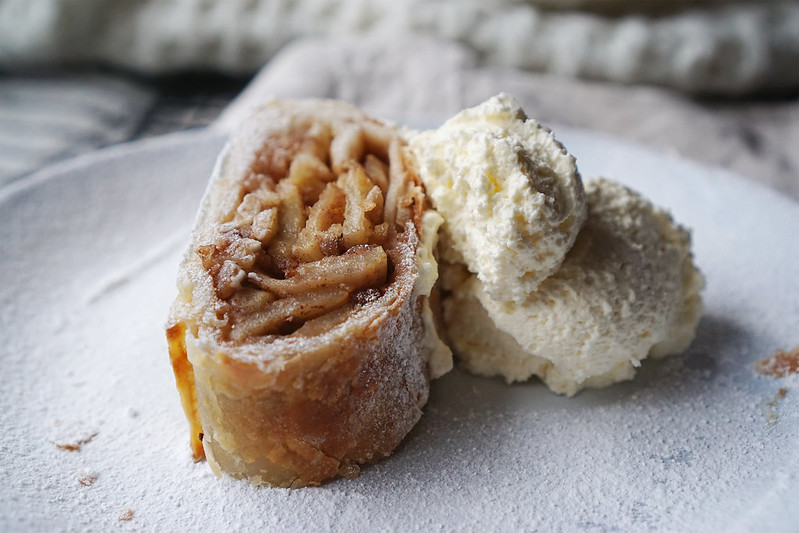Gluten free apple and walnut strudel with a dusting of icing sugar and hazelnut flavoured whipped cream | made with Jus-Rol gluten free puff pastry