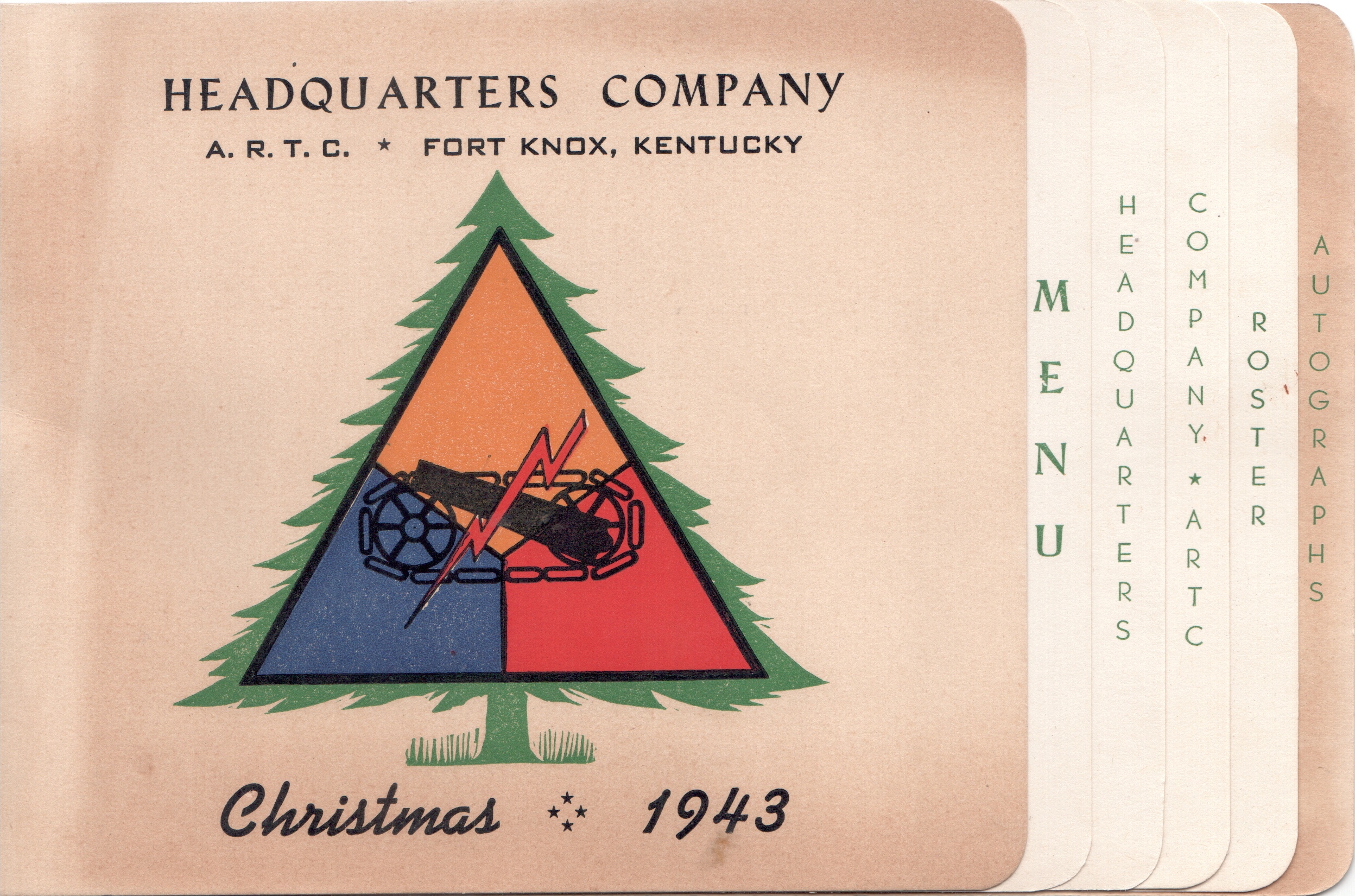 Armored Replacement Training Center Christmas dinner menu - Fort Knox, Kentucky - 1943