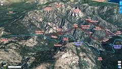 Photo 3D latérale du Haut-Cavu avec l'ensemble du ruisseau du Finicione et le tracé du Chemin du Castedducciu ("Chemin de la Montagne aux Plages") par la RD et sa variante par la RG