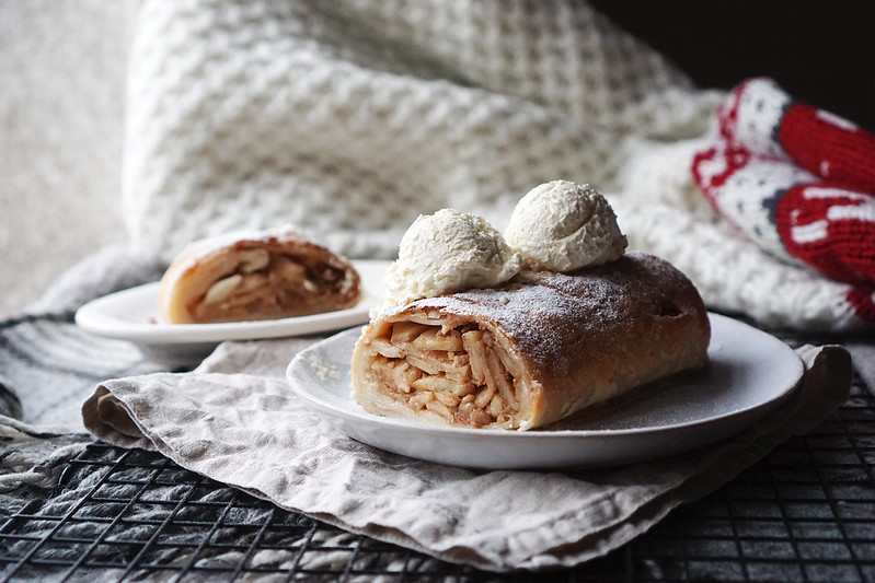 Gluten free apple and walnut strudel with a dusting of icing sugar and hazelnut flavoured whipped cream | made with Jus-Rol gluten free puff pastry