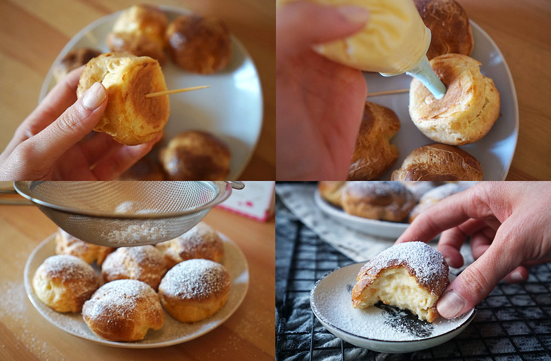 How to make gluten free cream puffs | filling the cream puffs with pastry cream and adding a dusting of icing sugar on top