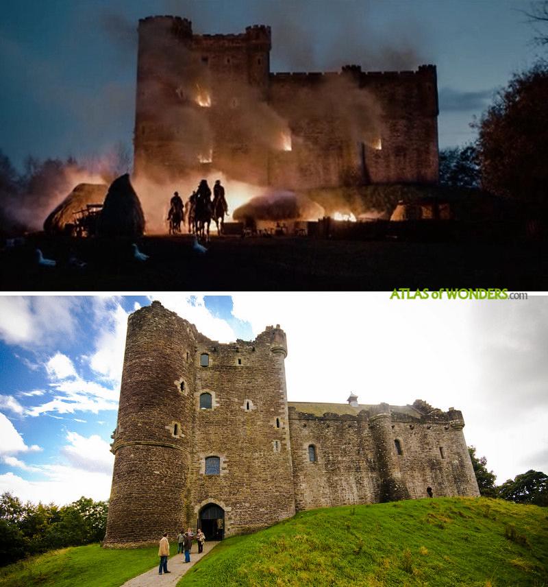 Burning medieval castle scene