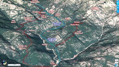 Photo 3D longitudinale du Haut-Cavu avec l'ensemble du ruisseau du Finicione et le tracé du Chemin du Castedducciu ("Chemin de la Montagne aux Plages") par la RG et sa variante par la RD