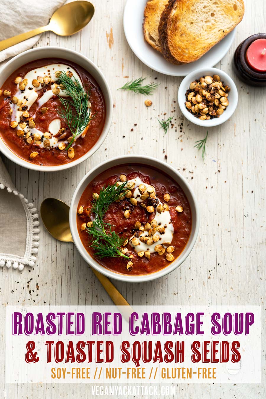 Light, delicious, and nutrient-dense, this Roasted Red Cabbage Soup is filled with flavor! Top with a dollop of dairy-free yogurt, fresh dill, and a few roasted squash seeds. #vegan #glutenfree #nutfree #soyfree