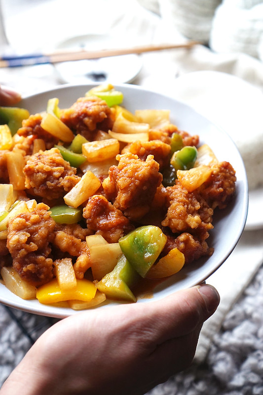 Gluten free takeaway style Chinese sweet and sour chicken (made with battered and deep fried chicken)