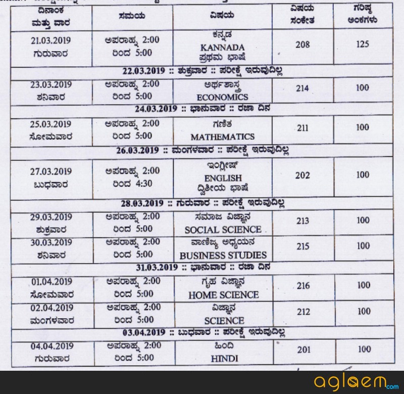 Karnataka Open SSLC Time Table 2019