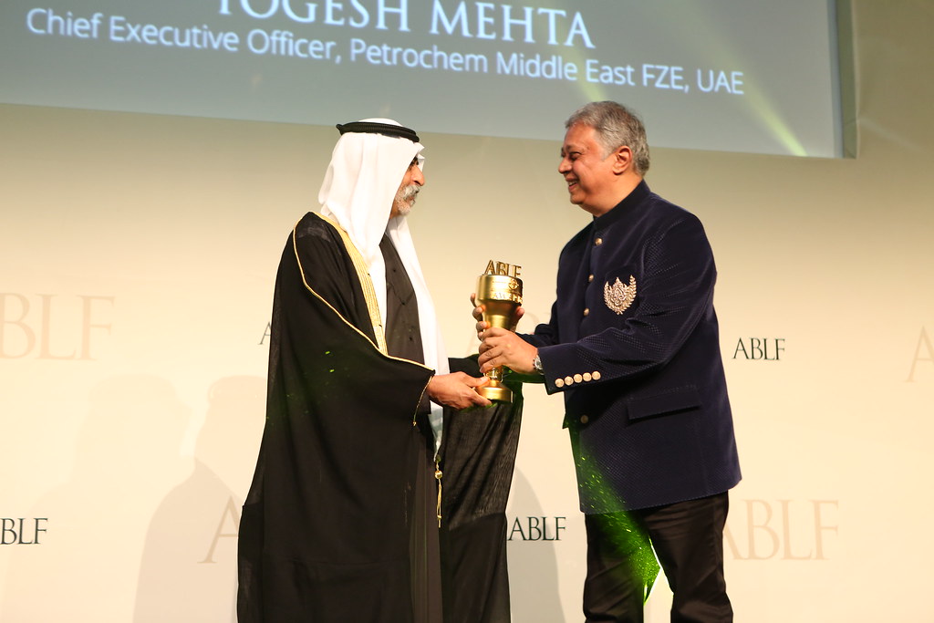 Yogesh Mehta, Chief Executive Officer, Petrochem Middle East FZE, UAE receiving the ABLF Business Courage Award from H.H. Sheikh Nahayan Mabarak Al Nahayan, Minister of Culture and Knowledge Development, UAE