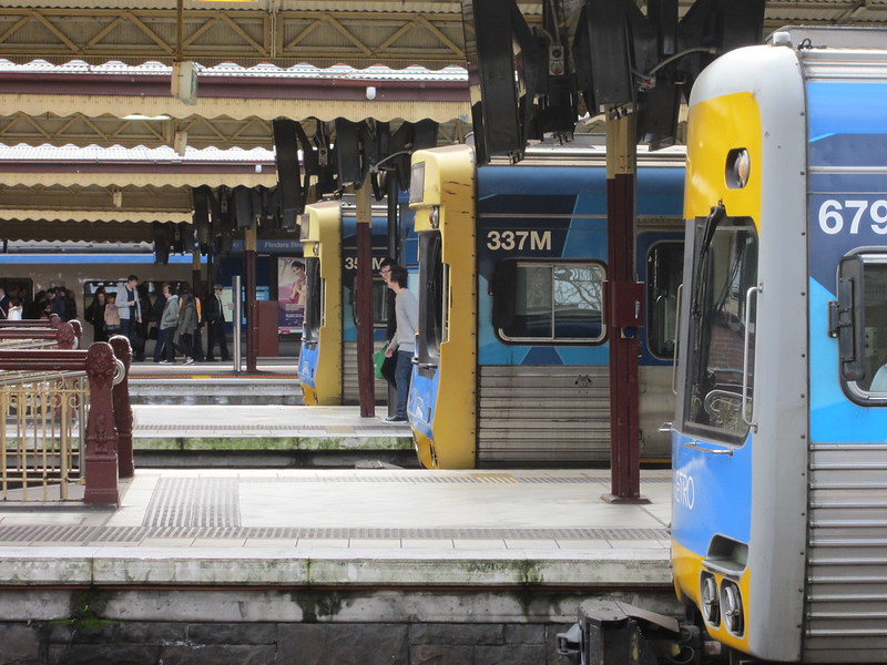 Comeng trains at the platforms, Flinders Street Station