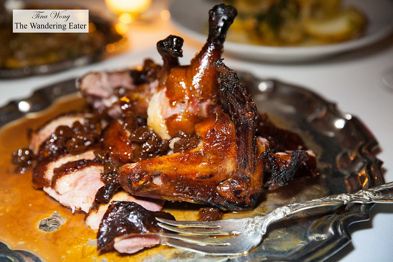 Roast duck flambé served with cherry jus