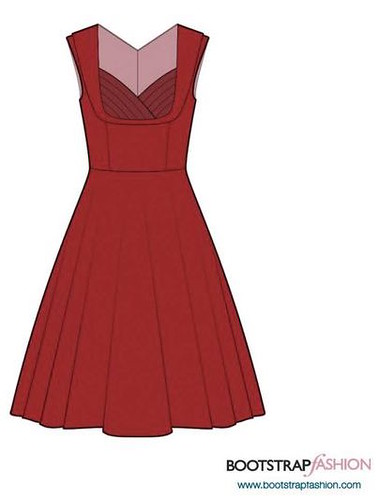 A technical drawing of a shelf bust dress pattern by Bootstrap fashion.