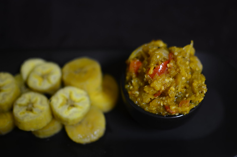 Garden egg sauce and boiled unripe plantains