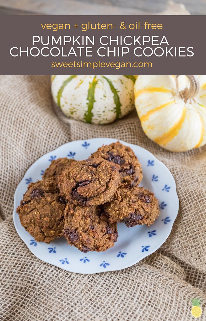 Pumpkin Chickpea Chocolate Chip Cookies on a blue and white plate and a jute mat from sweetsimplevegan.com.