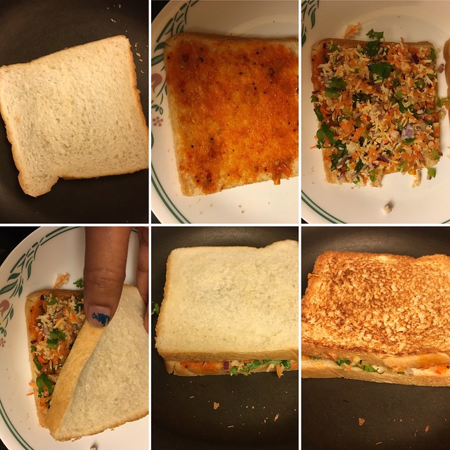 Step by step preparation of veggie cheese sandwich