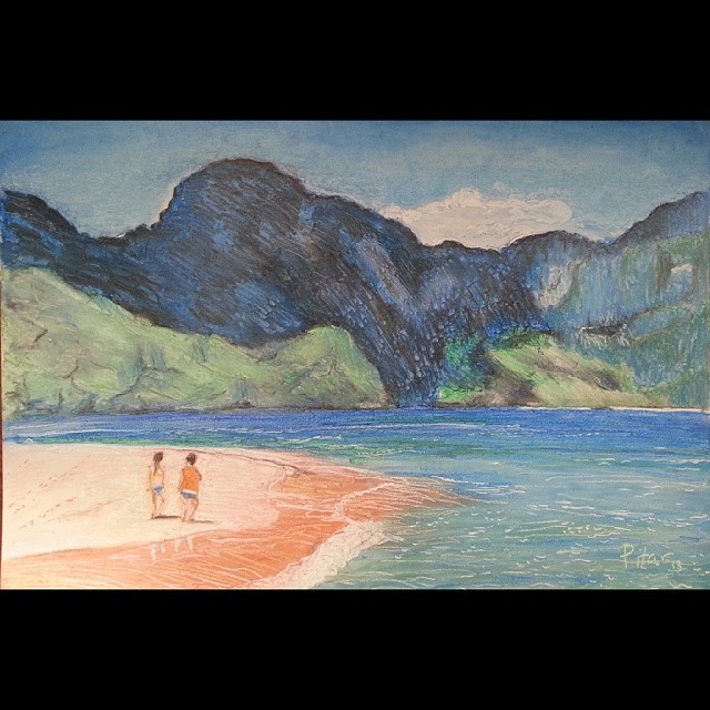 Mountain and sea. Oil pastel on board. 20x30 inches. December 17, 2013 #drawing #painting #beach #elnido