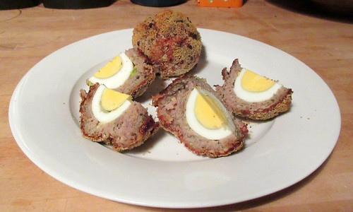 Homemade Scotch Eggs with pistachio, caremelised onion and smoked salt sausage meat