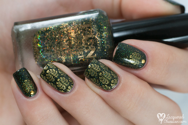 F.U.N Lacquer - Green Foliage + gold monstera stamping