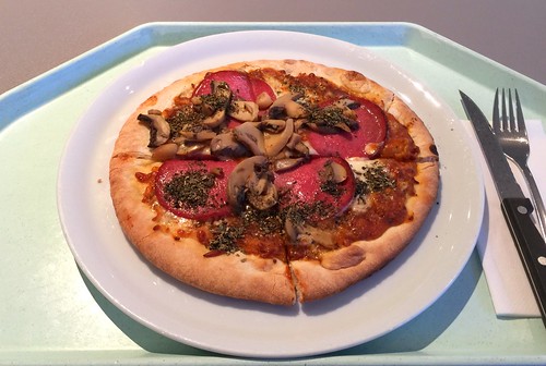 Pizza with salami, mushrooms & mozzarella / Pizza mit Salami, Pilzen & Mozzarella