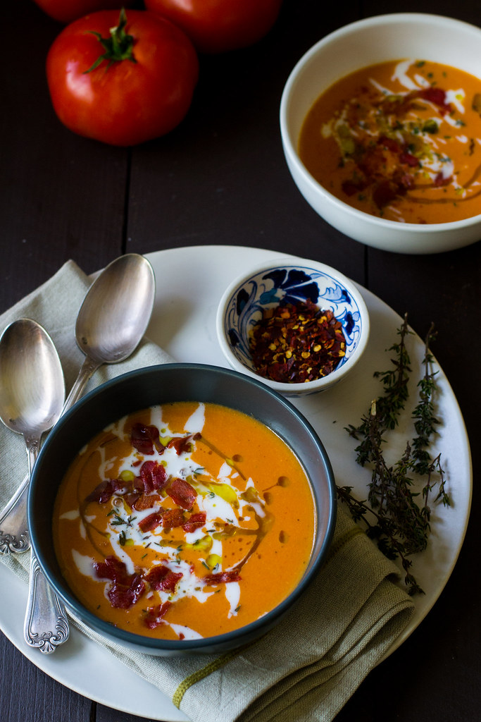 Roasted Tomato Soup with Coconut Milk and Prosciutto