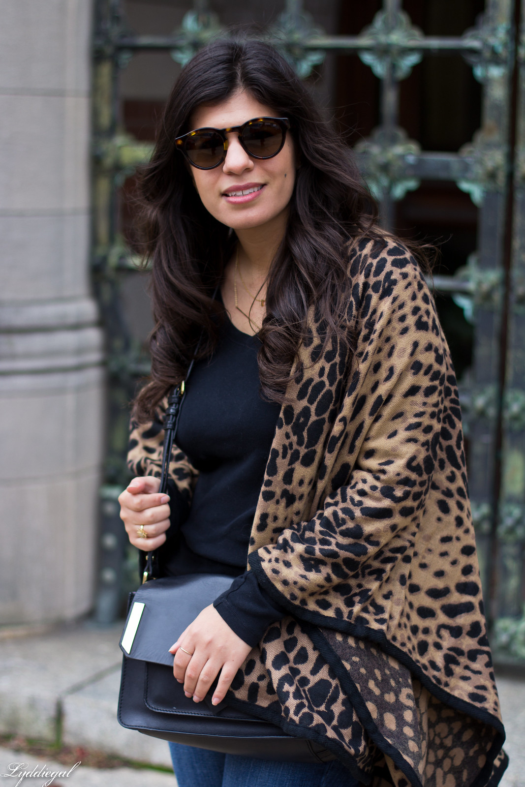 leopard poncho, jeans, black tee, brown booties-7.jpg