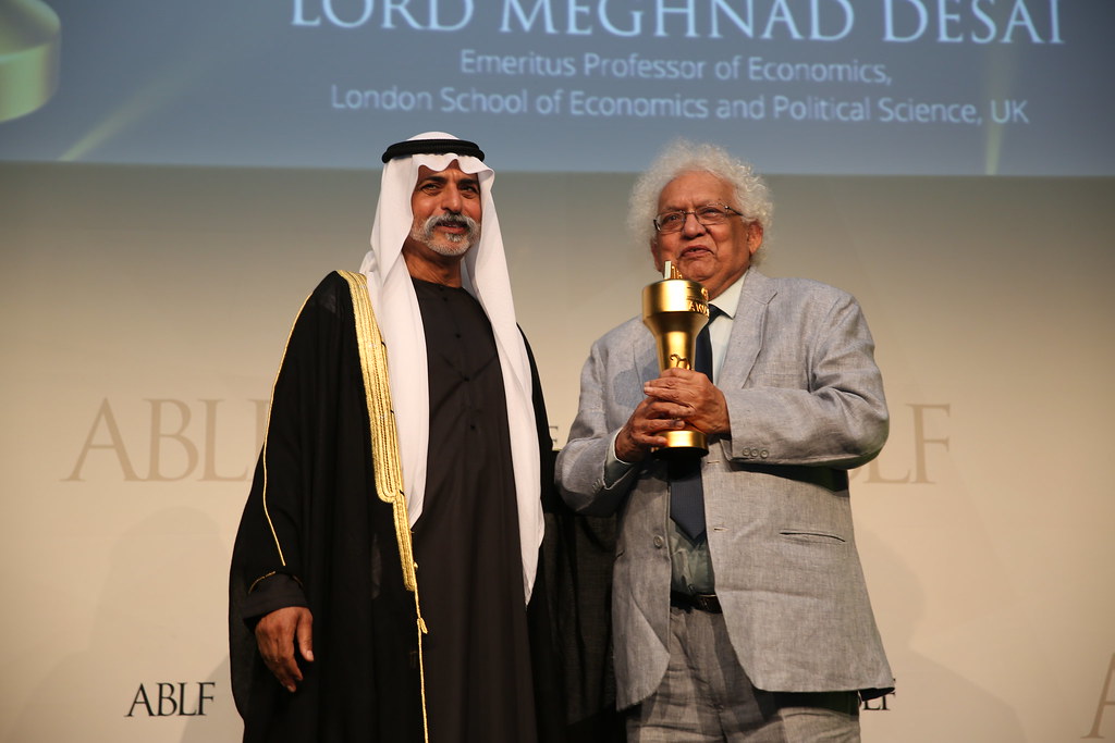 Lord (Meghnad) Desai, Emeritus Professor of Economics, London School of Economics and Political Science, UK receiving the ABLF Business Economist Award from H.H. Sheikh Nahayan Mabarak Al Nahayan, Minister of Culture and Knowledge Development, UAE