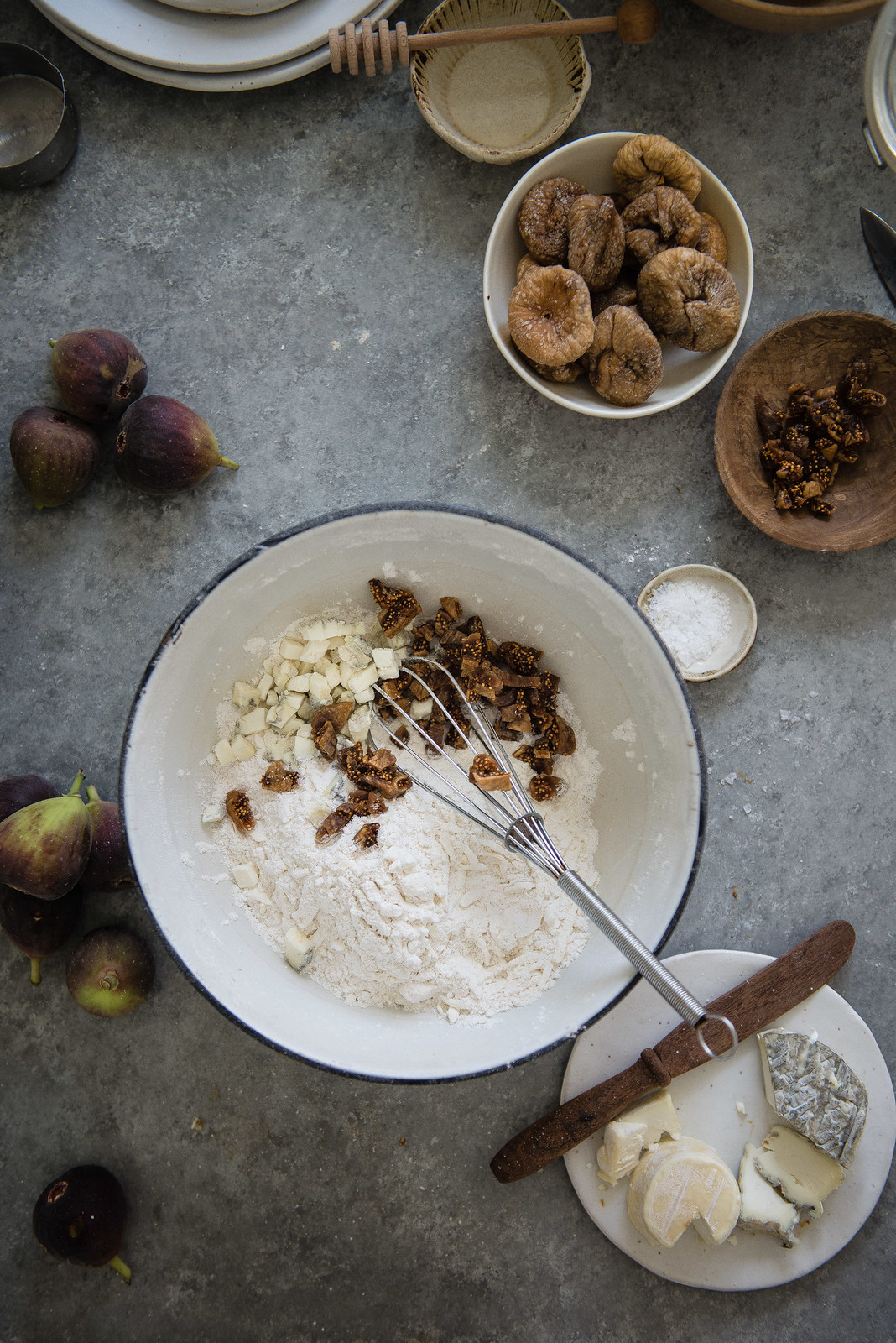 fig, goat cheese, & honey biscuits | two red bowls