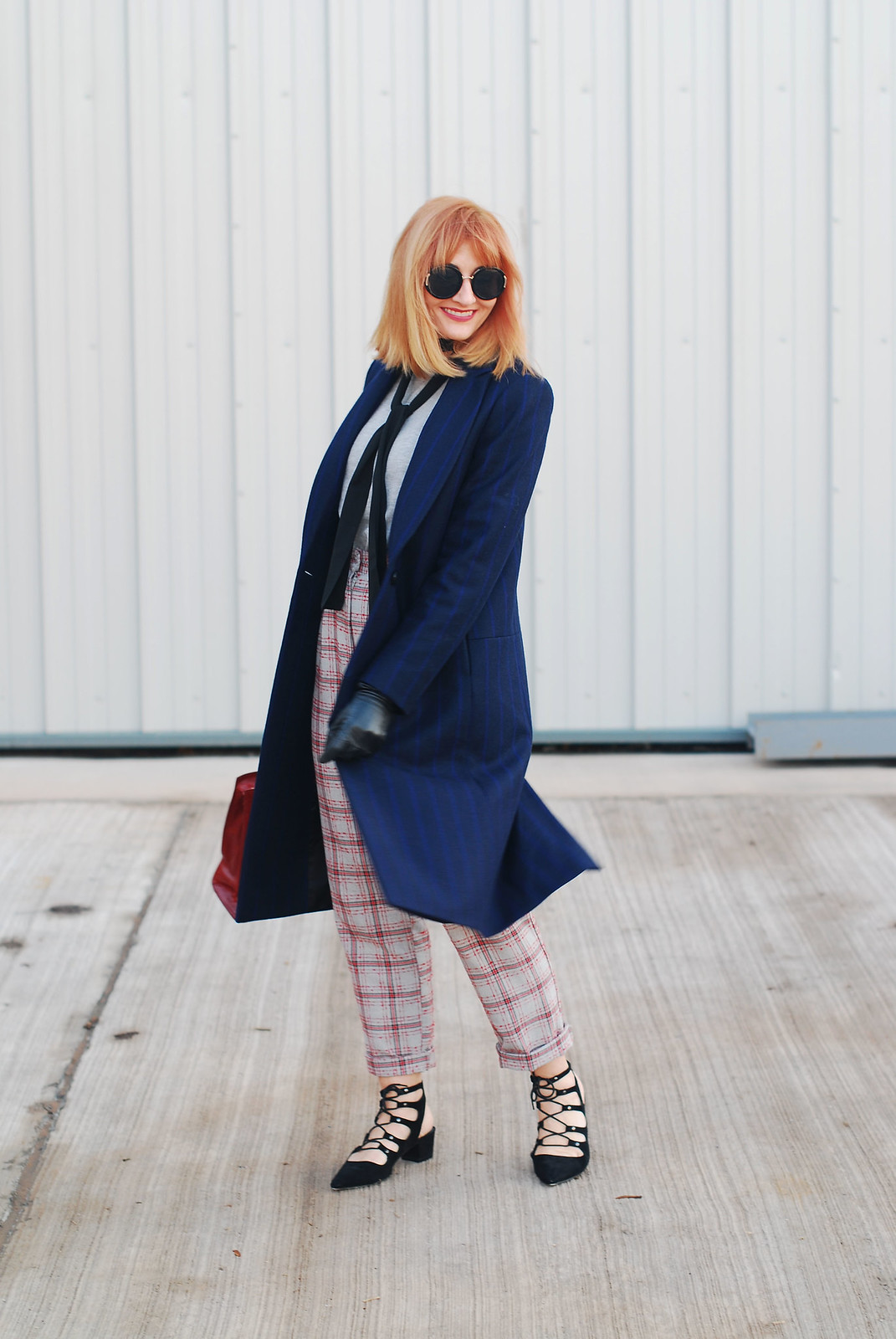 Smart autumn/winter outfit fall style long navy pinstripe coat, check trousers, heeled ghillie shoes and black skinny scarf | Not Dressed As Lamb, over 40 style