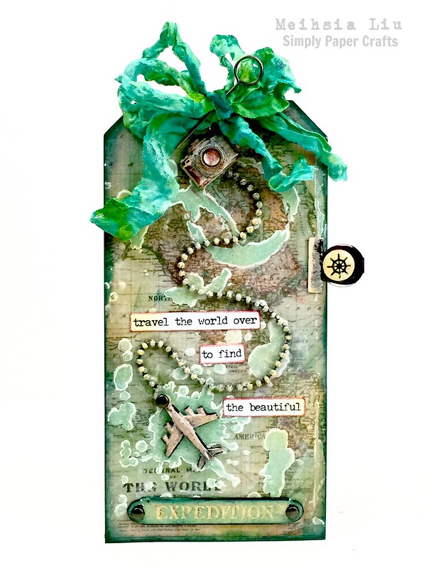 Meihsia Liu simply Paper crafts mixed media tag travel world Tim Holtz Simon says stamp Monday challenge
