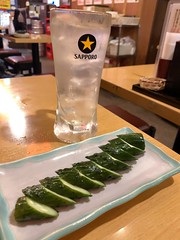 cucumber, cheese tempura, sour and sake at ikkenme sakaba, kichijoji