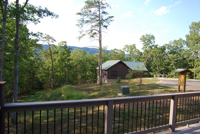 Cabins with mountains in the backdrop at Shenandoah River State Park, Virginia