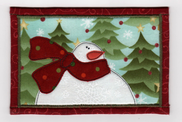 Snowman Fabric Postcard  Getting some Christmas Greetings 