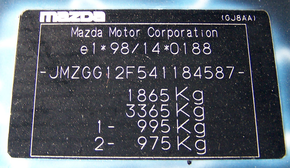 All sizes Mazda 6 2003 serial number plate (VIN tag